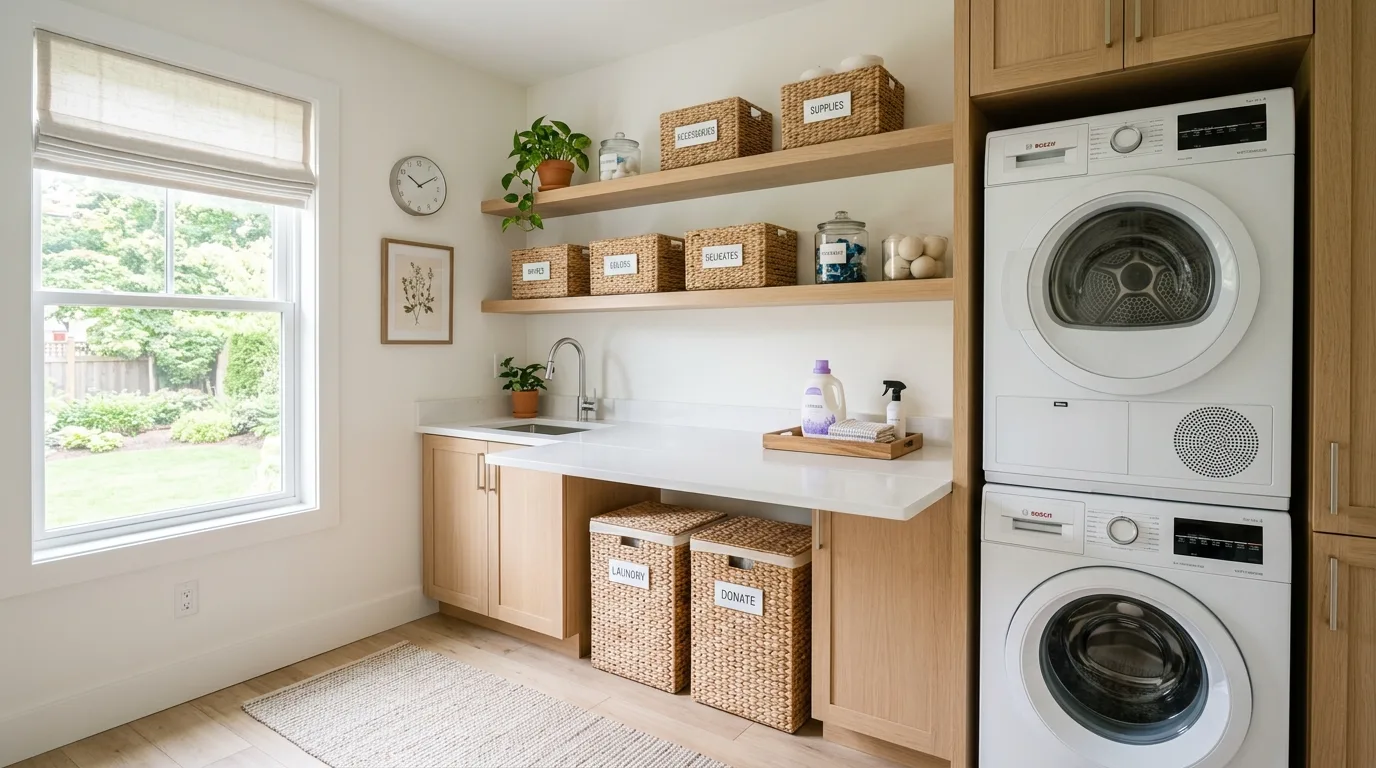 Efficiently organized laundry room designed to stay clutter-free.